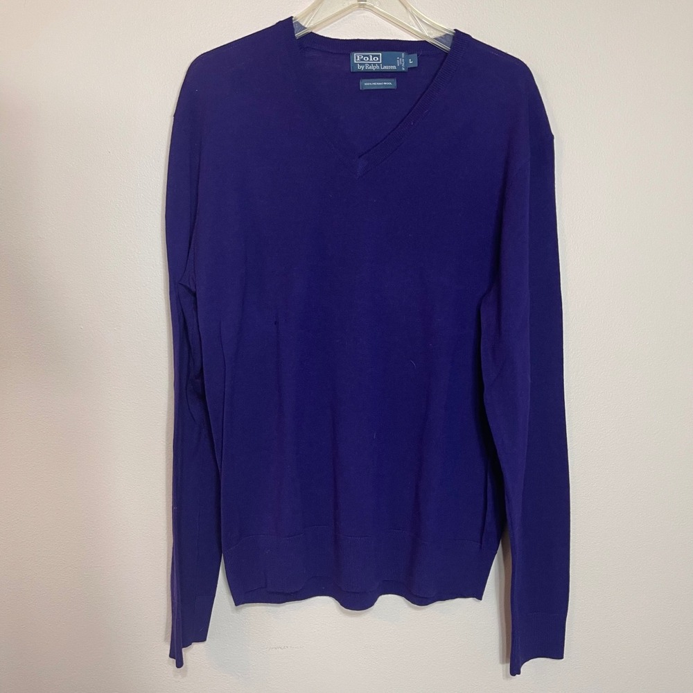 Polo Ralph Lauren V Neck Merino Wool Sweater Mens Large Purple Lightweight